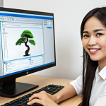 **

Prompt: A Vietnamese translator working at a modern desk, reviewing a document on a computer screen. An AI translation software interface is visible on a second monitor. The translator is smiling slightly, confident and focused, not threatened, but assisted by the AI technology. The scene should depict a bright and collaborative workspace. Incorporate subtle Vietnamese cultural elements in the background (e.g., a bonsai tree, a traditional artwork).

**